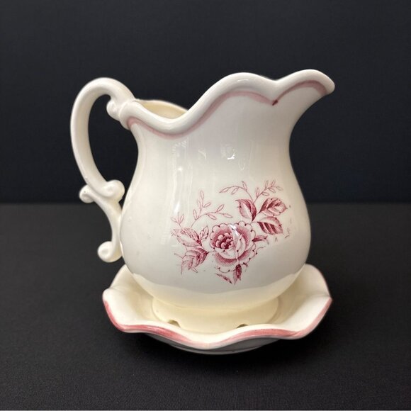 Vintage White Japanese Ceramic Pitcher Pink Floral Design Matching Saucer Plate - Picture 5 of 9